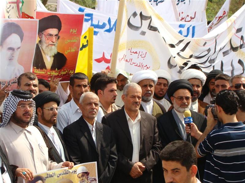 Allawi's new allies? Image published by the Badr organisation from last week's Quds Day celebrations in Basra, featuring posters of Iran's Khomeini and Khamenei